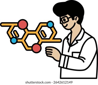 A man in a lab coat is holding a molecule and smiling. Concept of scientific discovery and excitement