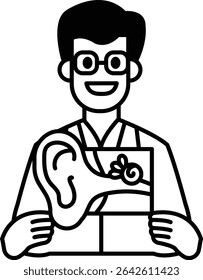 A man in a lab coat holding a picture of an ear. He is smiling and he is happy