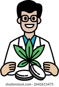 A man in a lab coat holding a plant and three pills. Scene is lighthearted and playful