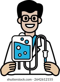 A man in a lab coat holding a syringe and a bag. He is smiling and he is happy
