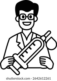 A man in a lab coat holding a syringe. He is smiling and he is happy