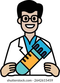 A man in a lab coat holding a syringe. He is smiling and he is happy