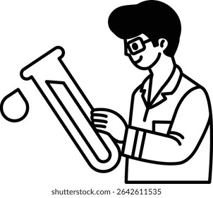 A man in a lab coat is holding a test tube. Concept of scientific curiosity and experimentation