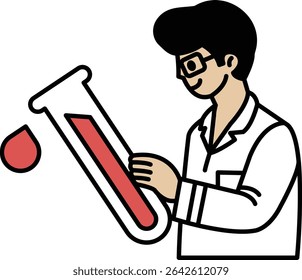 Un hombre con bata de laboratorio sostiene un tubo de ensayo con líquido rojo. Concepto de curiosidad científica y experimentación