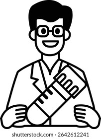 A man in a lab coat holding a thermometer. He is smiling and he is happy