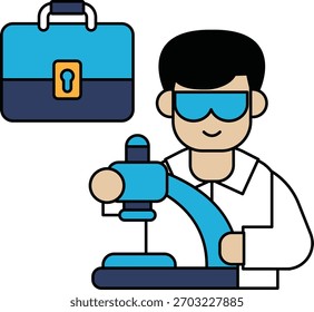 Un hombre con bata de laboratorio sostiene una herramienta y sonríe. Lleva gafas de seguridad y una bata de laboratorio