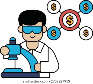 Un hombre con bata de laboratorio sostiene una herramienta y sonríe. La Imagen es sobre el dinero y el hombre está rodeado de él