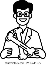 Un hombre con una bata de laboratorio sosteniendo dos huesos. El hombre está sonriendo y es feliz