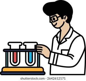 A man in a lab coat is holding two test tubes. He is smiling and he is enjoying his work