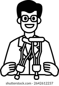 Un hombre con una bata de laboratorio sosteniendo dos muletas. Él está sonriendo. La Imagen es blanco y negro