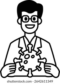A man in a lab coat holding a virus. The man is smiling and he is happy