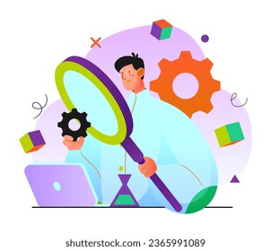 a man in a lab coat looking at a magnifying glass