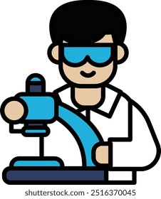 A man in a lab coat is wearing blue goggles and holding a microscope. He is smiling and he is enjoying his work