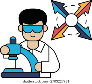 Um homem de jaleco está usando óculos e segurando um controle remoto. Ele está sorrindo e apreciando seu trabalho. Conceito de curiosidade e entusiasmo com o trabalho que está sendo feito