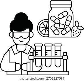 Um homem de jaleco está trabalhando com um pote de comprimidos e uma garrafa de fruta. Conceito de curiosidade científica e experimentação