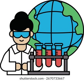 Un hombre con bata de laboratorio está trabajando en un proyecto con un globo terráqueo de fondo. Concepto de exploración y descubrimiento científico