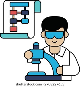 Um homem com um jaleco de laboratório está trabalhando em um diagrama. Ele está usando óculos de segurança e um jaleco