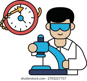 Um homem com um jaleco está trabalhando em um relógio. O relógio está definido para a hora das 11:00