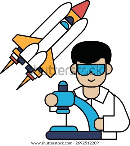 A man in a lab coat is working on a machine that is launching a rocket. The man is wearing safety goggles and he is focused on his work. Concept of excitement and anticipation for the rocket launch