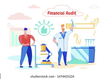 Man with Lab Instrument on Cart and Man with Test Tube in Hands. Financial Audit. Vector illustration. Information Study and Pricing. Analysis and Statistics. Positive Laboratory Test Result.