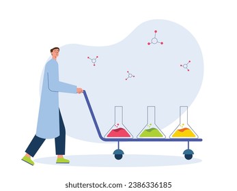 Man in lab uniform pushing a trolley filled with tubes of liquid samples for the next project. Character design. Vector flat illustration