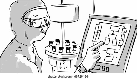 Man in a laboratory Vector sketch or cartoon, or storyboard project
