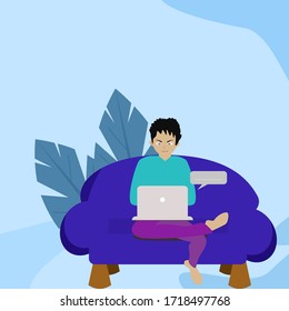 man with​ labtop on​ sofa, work​ from​ home,in period of self isolation and social distancing .Corona virus Respiratory disease.during coronavirus epidemic.vector illustration.