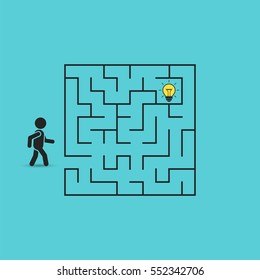 Man in labyrinth search idea light bulb, vector business concept illustration.