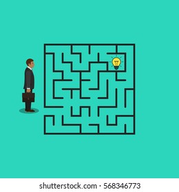 Man in labyrinth search idea light bulb, vector business illustration.