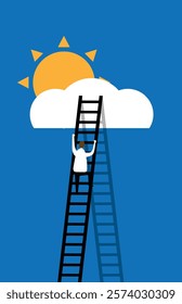 Man with Ladder Climbing onto the Cloud. Achieving goals and aiming for success concept vector art