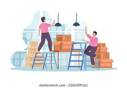 Man with ladder composition of flat indoor scenery with male coworkers parcel boxes pallets and window vector illustration