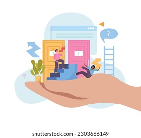 Man with ladder flat composition with human hand holding doors with arrows people falling from ladders vector illustration