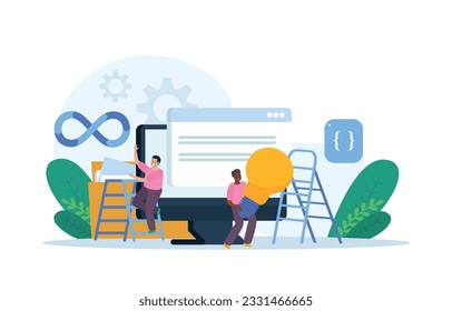 Hombre con la composición plana de la escalera de los iconos con los documentos bombilla de la lámpara de señalización de los engranajes y caracter de los compañeros de trabajo ilustración vectorial