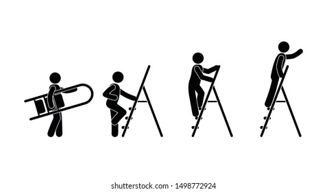 man with a ladder icon, stick figure pictogram human silhouette, character set isolated