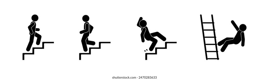 Mann und Leiter Symbol, Strichmännchen Stickman, isolierte Vektorgrafik Symbol, Warnschild fällt von Stufen