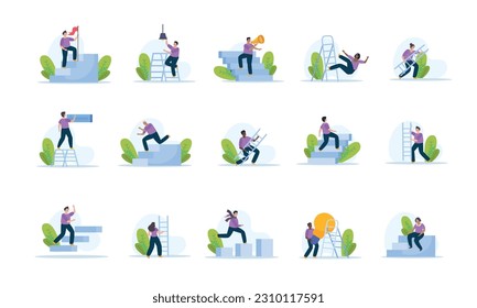 Man with ladder set of flat isolated icons with human characters and stairs on blank background vector illustration