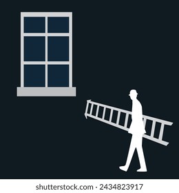 A man with a ladder to the window. Vector illustration on a black background. For the design of symbolic illustrations on social, business and other topics