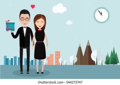 Man with  lady and  gift. Date. Vector illustration of flat. The city. The occasion. 