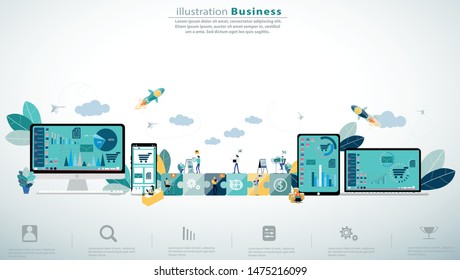 man and  Lady little people make purchases -  flat style online shopping concept,Social Network, business idea creativity, with  Cellphone,Tablet, Laptop,Computer,Infographics template.