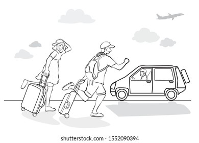 man and lady pack the bag go to travel in weekend cartoon vector black and white