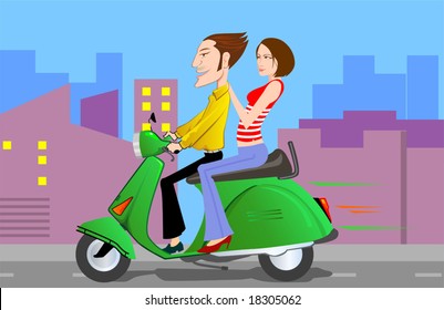 man and lady riding in a scooter	