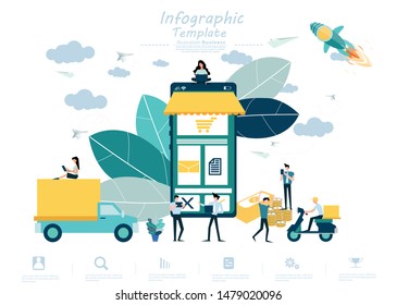 man and  lady small body, flat style, online shopping concept and transport with cellphone,tablet, laptop,computer,paper  rocket fold,truck,motorcycle,Infographics template.