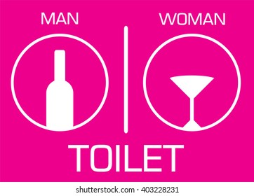 a man and a lady toilet sign, Fitting room sign flat icon illustration, lady and gentleman symbol, pink background, bottle wine glass