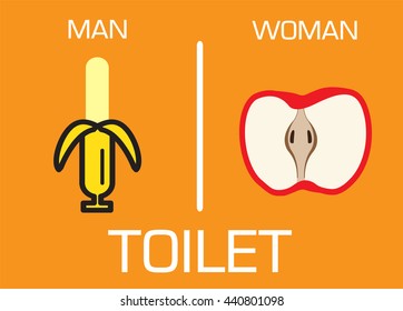 a man and a lady toilet sign, Fitting room sign flat icon illustration, lady and gentleman symbol, orange background, banana apple