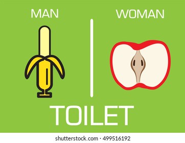 a man and a lady toilet sign, Fitting room sign flat icon illustration, lady and gentleman symbol, green background, banana apple