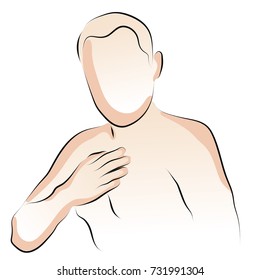 The man laid his hand on his chest. Colored vector illustration of chest pain.