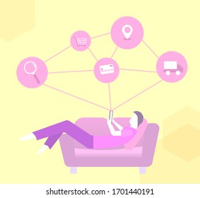 man laid on bed sofa and use smart phone link with online shopping icon processing, concept for mobile shopping application.