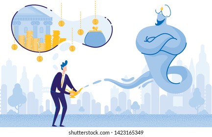 Man with Lamp Alladin and Gin. Big Money Dream. From Poverty to Wealth. Achive Goal. Vector Illustration. Way to Victory. Earn Money. Financial Stability. Business Plan. Cash Savings. Save Money.