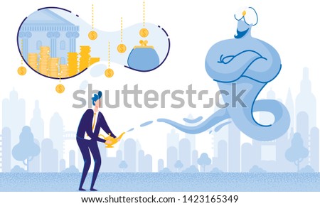 Man with Lamp Alladin and Gin. Big Money Dream. From Poverty to Wealth. Achive Goal. Vector Illustration. Way to Victory. Earn Money. Financial Stability. Business Plan. Cash Savings. Save Money.