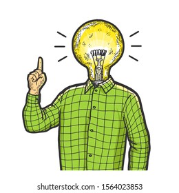 Man with lamp idea head and index forefinger up hand attention gesture sketch engraving vector illustration. Scratch board style imitation. Black and white hand drawn image.